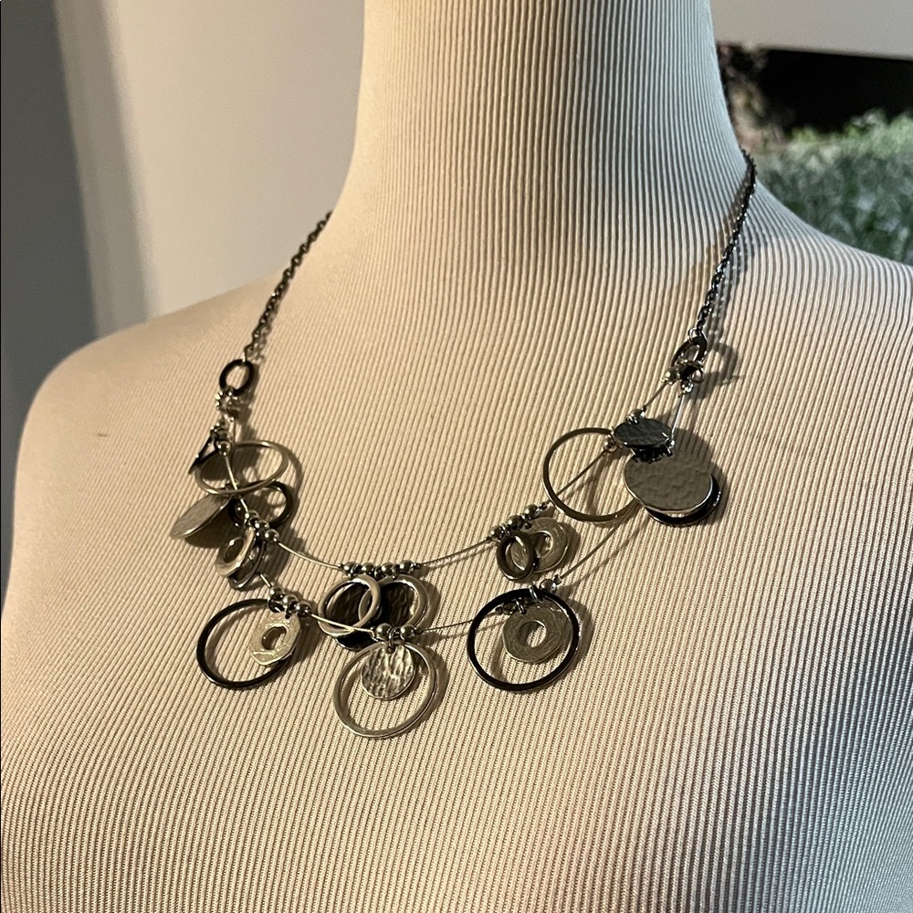 DOUBLE STRAND CIRCLE CHARM STATEMENT NECKLACE SILVER TONE BLACK GUNMETAL FINISH